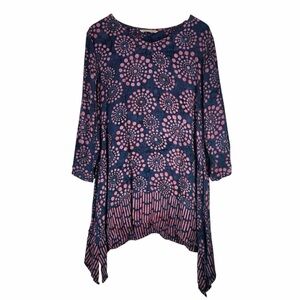Soft Surroundings Tunic Top Large Pink Blue Boho Asymmetrical Batik Style Flowy